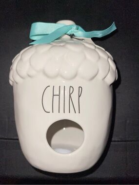 Rae Dunn Ceramic 'CHIRP' Acorn Shaped Birdhouse with Aqua Ribbon